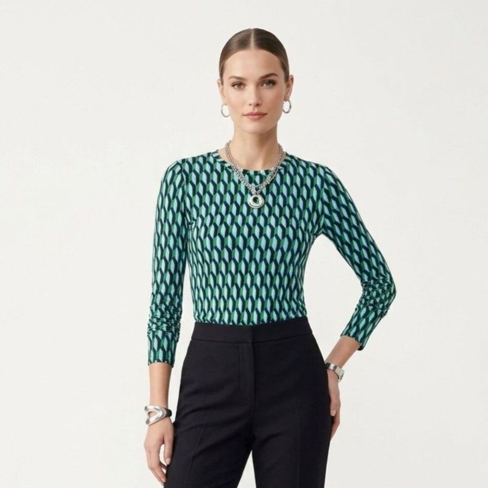 Diane Von Furstenberg Black White Blue Green Print Long Sleeve Tee T Shirt Top M